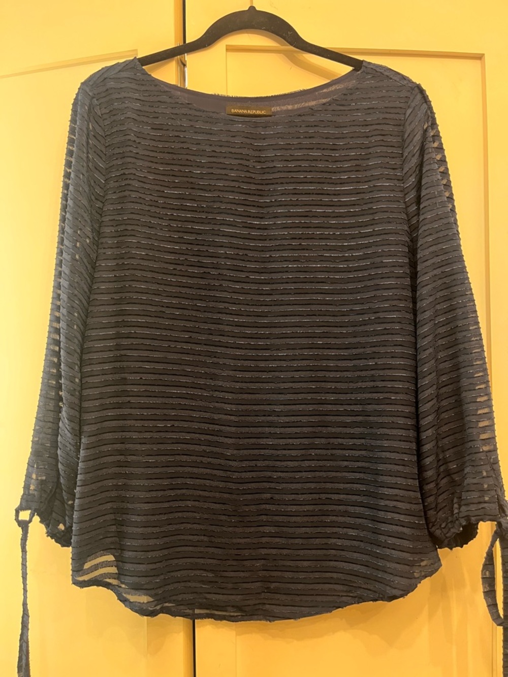 Banana Republic Navy Sheer Striped Boatneck Blouse with Sleeve Ties